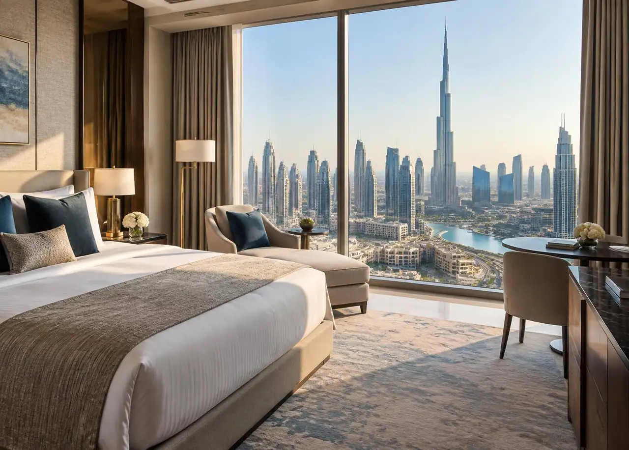 Dubai skyline seen from a bright hotel room