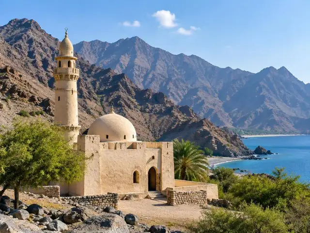 Historic mosque beneath the Hajar Mountains in Fujairah