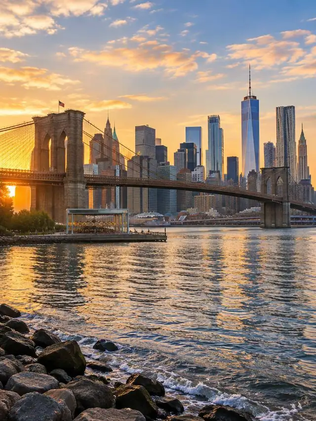 Brooklyn Bridge and Manhattan skyline at sunset