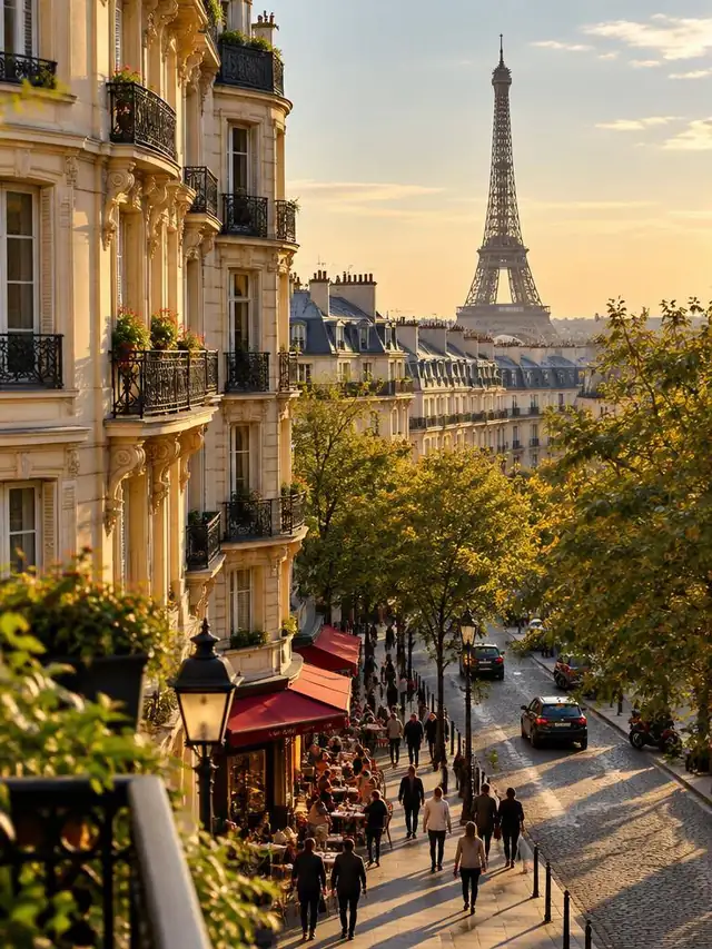 Parisian street with the Eiffel Tower in the distance