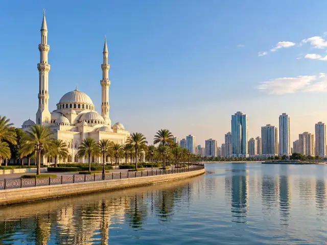 Mosque and waterfront along Sharjah's lagoon