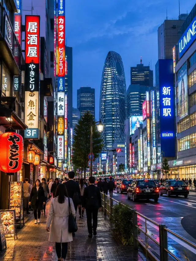 An illuminated street in Tokyo at dusk