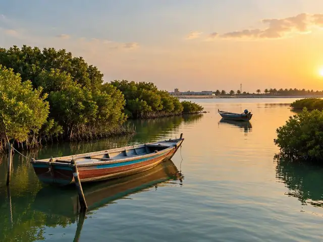 Mangrove lagoon and traditional boats in Umm Al Quwain